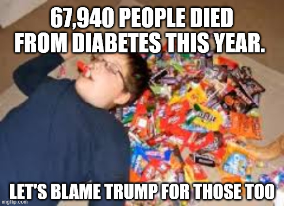 if 220K died from the kung flu it only makes sense... | 67,940 PEOPLE DIED FROM DIABETES THIS YEAR. LET'S BLAME TRUMP FOR THOSE TOO | image tagged in kung flu,lockdown,your argument is invalid,presidential debate,election 2020 | made w/ Imgflip meme maker