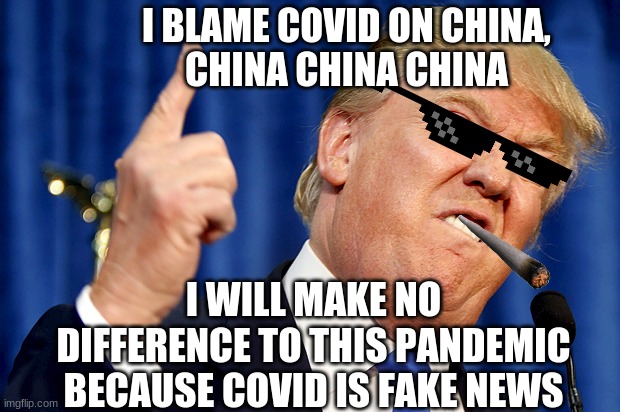 Donald Trump | I BLAME COVID ON CHINA,
CHINA CHINA CHINA; I WILL MAKE NO DIFFERENCE TO THIS PANDEMIC BECAUSE COVID IS FAKE NEWS | image tagged in donald trump | made w/ Imgflip meme maker