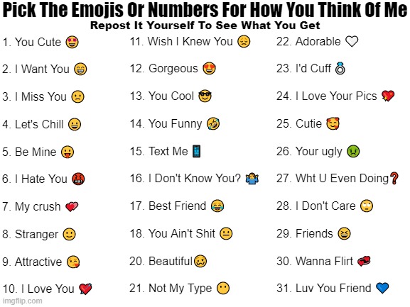 Pick Them! |  Pick The Emojis Or Numbers For How You Think Of Me; Repost It Yourself To See What You Get; 22. Adorable 🤍
 
23. I'd Cuff 💍
 
24. I Love Your Pics 💖
 
25. Cutie 🥰
 
26. Your ugly 🤢
 
27. Wht U Even Doing❓
 
28. I Don't Care 🙄
 
29. Friends 😆
 
30. Wanna Flirt 💞
 
31. Luv You Friend 💙; 11. Wish I Knew You 😞
 
12. Gorgeous 😍
 
13. You Cool 😎
 
14. You Funny 🤣 
 
15. Text Me 📱
 
16. I Don't Know You? 🤷‍♂️
 
17. Best Friend 😂
 
18. You Ain't Shit 😐
 
20. Beautiful🥴
 
21. Not My Type 😶; 1. You Cute 🤩
 
2. I Want You 😁
 
3. I Miss You 🙁
 
4. Let's Chill 😀
 
5. Be Mine 😛
 
6. I Hate You 🤬
 
7. My crush 💕
 
8. Stranger 🙂
 
9. Attractive 😘
 
10. I Love You 💘 | image tagged in blank white template,emoji,pick one,pick some,number | made w/ Imgflip meme maker