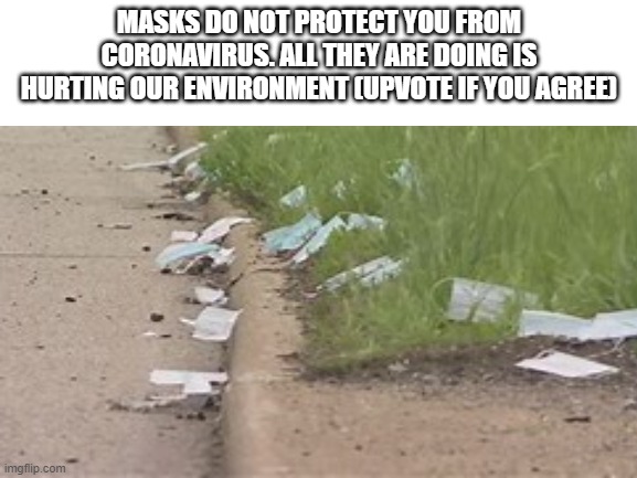 they do NOTHING | MASKS DO NOT PROTECT YOU FROM CORONAVIRUS. ALL THEY ARE DOING IS HURTING OUR ENVIRONMENT (UPVOTE IF YOU AGREE) | image tagged in blank white template | made w/ Imgflip meme maker
