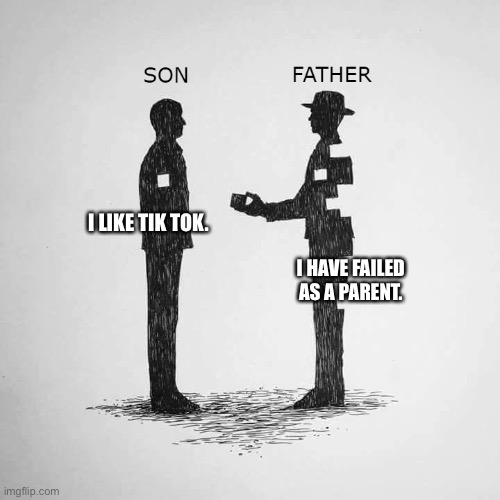 When your son likes tik tok what have you done | I LIKE TIK TOK. I HAVE FAILED AS A PARENT. | image tagged in father to son,failed,funny,memes,tik tok | made w/ Imgflip meme maker