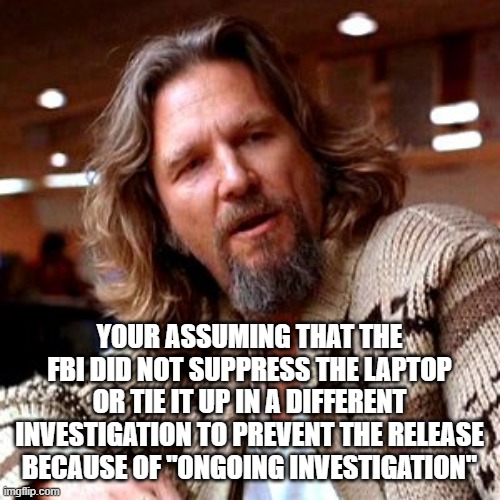 Confused Lebowski Meme | YOUR ASSUMING THAT THE FBI DID NOT SUPPRESS THE LAPTOP OR TIE IT UP IN A DIFFERENT INVESTIGATION TO PREVENT THE RELEASE BECAUSE OF "ONGOING  | image tagged in memes,confused lebowski | made w/ Imgflip meme maker