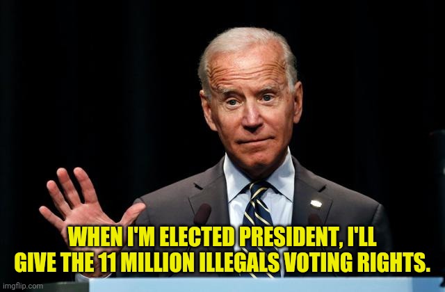 Joe Biden Buying Votes | WHEN I'M ELECTED PRESIDENT, I'LL GIVE THE 11 MILLION ILLEGALS VOTING RIGHTS. | image tagged in joe biden,voter fraud,illegals,drstrangmeme,democrats,trump 2020 | made w/ Imgflip meme maker