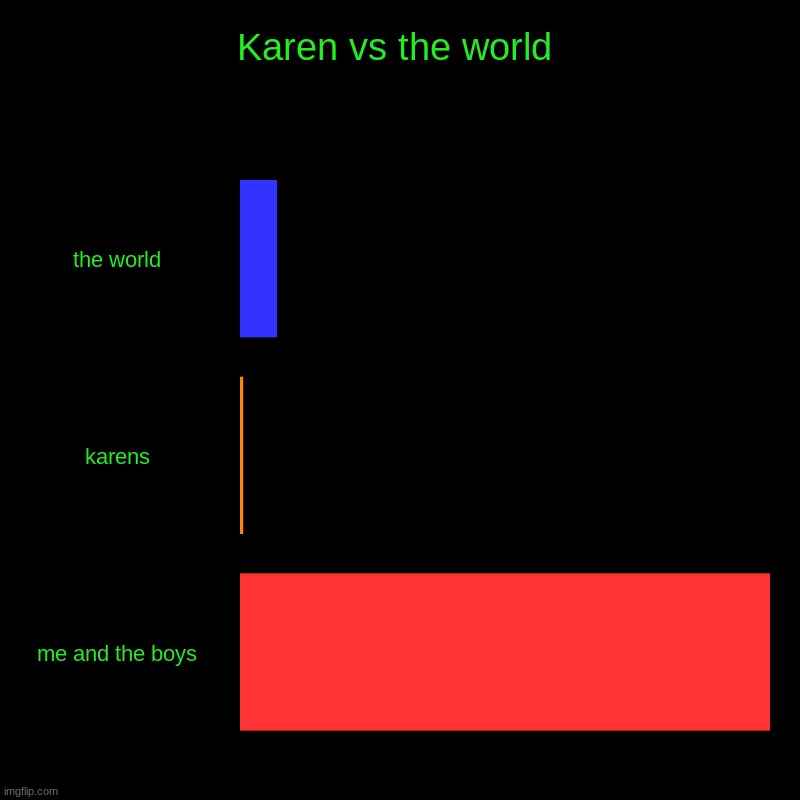 Karen vs the world | the world, karens, me and the boys | image tagged in charts,bar charts | made w/ Imgflip chart maker