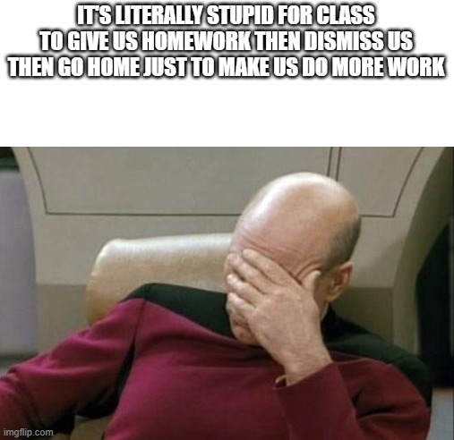 Captain Picard Facepalm | IT'S LITERALLY STUPID FOR CLASS TO GIVE US HOMEWORK THEN DISMISS US THEN GO HOME JUST TO MAKE US DO MORE WORK | image tagged in memes,captain picard facepalm | made w/ Imgflip meme maker