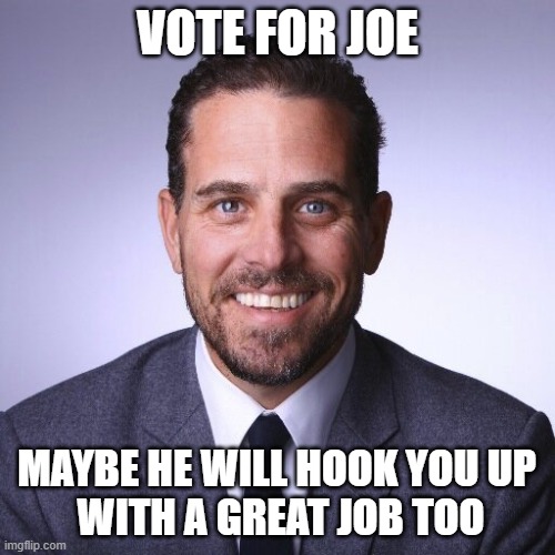 Hunter Biden. King of Morons | VOTE FOR JOE; MAYBE HE WILL HOOK YOU UP 
WITH A GREAT JOB TOO | image tagged in hunter biden,criminal,corruption,moron | made w/ Imgflip meme maker