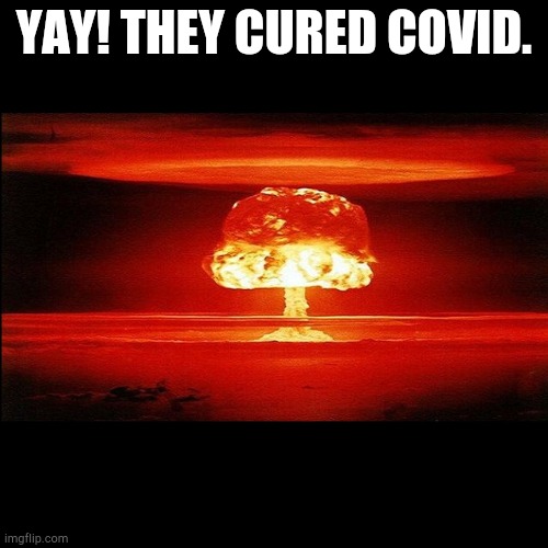 Mushroom Cloud | YAY! THEY CURED COVID. | image tagged in mushroom cloud | made w/ Imgflip meme maker