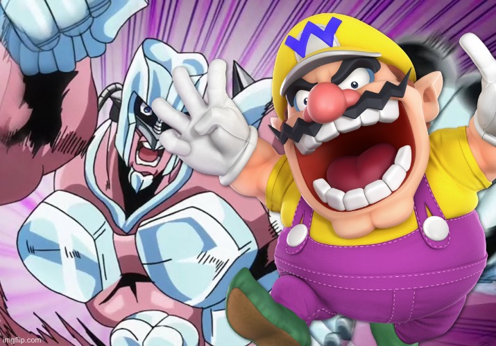 Wario gets repeatedly punched by Josuke’s Stand after he insulted his hair.mp3 | image tagged in never insult josukes hair like at all,im serious | made w/ Imgflip meme maker