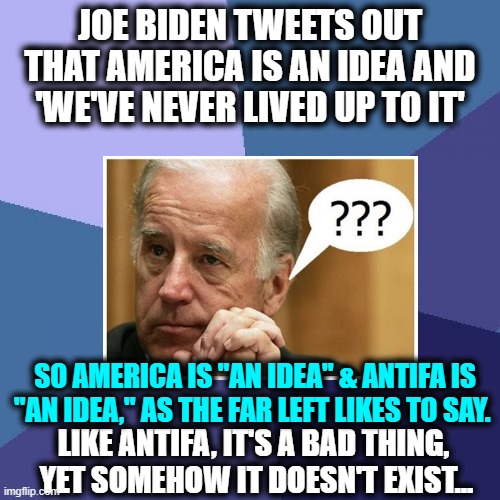 Pandering to Protesters & Perps, Not Patriots | JOE BIDEN TWEETS OUT THAT AMERICA IS AN IDEA AND 'WE'VE NEVER LIVED UP TO IT'; SO AMERICA IS "AN IDEA" & ANTIFA IS "AN IDEA," AS THE FAR LEFT LIKES TO SAY. LIKE ANTIFA, IT'S A BAD THING, 
YET SOMEHOW IT DOESN'T EXIST... | image tagged in political meme,politics,joe biden,pandering,unpatriotic | made w/ Imgflip meme maker