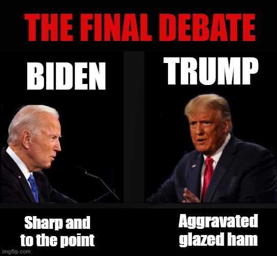 Killer Windmills, Pillows and Sheets..OH MY! | THE FINAL DEBATE; TRUMP; BIDEN; Aggravated glazed ham; Sharp and to the point | image tagged in trump is a moron,presidential debate,idiot,joe biden,election 2020 | made w/ Imgflip meme maker