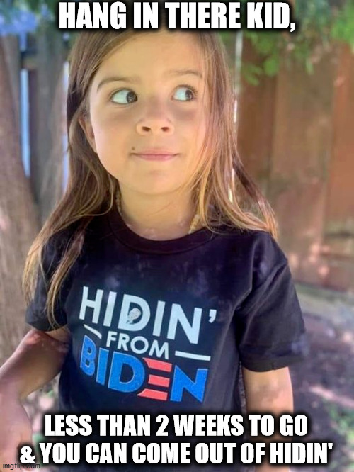 Hidin' From Biden Kid | HANG IN THERE KID, LESS THAN 2 WEEKS TO GO & YOU CAN COME OUT OF HIDIN' | image tagged in hiding,joe biden,creepy joe biden,sniff | made w/ Imgflip meme maker