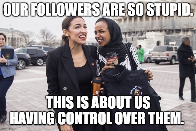 AOC and her Clucks | OUR FOLLOWERS ARE SO STUPID. THIS IS ABOUT US HAVING CONTROL OVER THEM. | image tagged in ilhan omar,aoc,aoc stumped,crazy aoc,socialism,communism | made w/ Imgflip meme maker