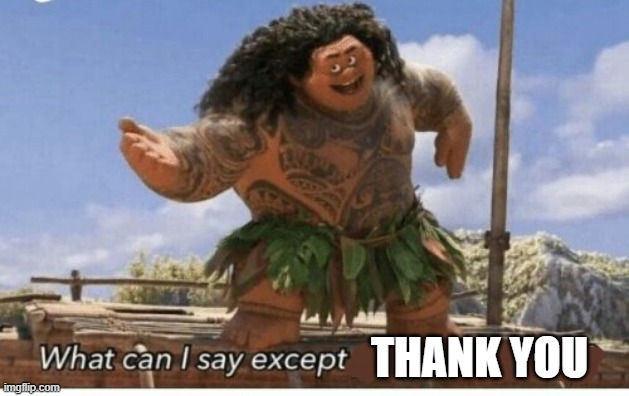 Moana maui what can I say except blank | THANK YOU | image tagged in moana maui what can i say except blank | made w/ Imgflip meme maker
