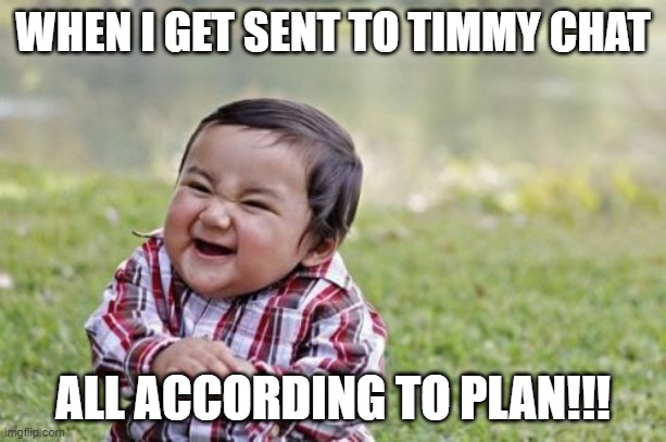 discord meme | WHEN I GET SENT TO TIMMY CHAT; ALL ACCORDING TO PLAN!!! | image tagged in memes,evil toddler | made w/ Imgflip meme maker