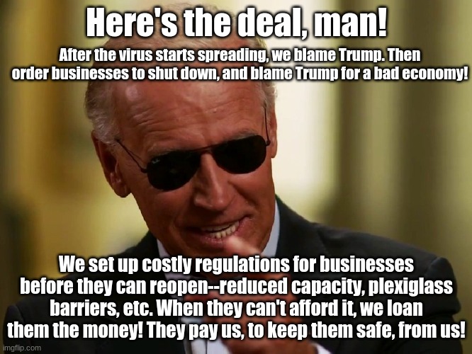 Here's The Deal! | Here's the deal, man! After the virus starts spreading, we blame Trump. Then order businesses to shut down, and blame Trump for a bad economy! We set up costly regulations for businesses before they can reopen--reduced capacity, plexiglass barriers, etc. When they can't afford it, we loan them the money! They pay us, to keep them safe, from us! | image tagged in cool joe biden,joe biden,communism,biden obama | made w/ Imgflip meme maker