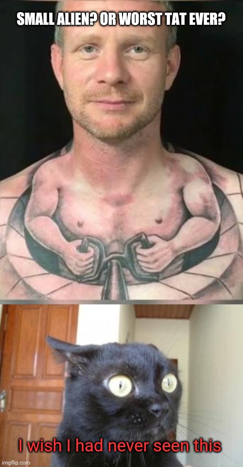 Alien driving human body | SMALL ALIEN? OR WORST TAT EVER? I wish I had never seen this | image tagged in cannot be unseen cat,aliens,robot,tattoo,bad tattoos | made w/ Imgflip meme maker