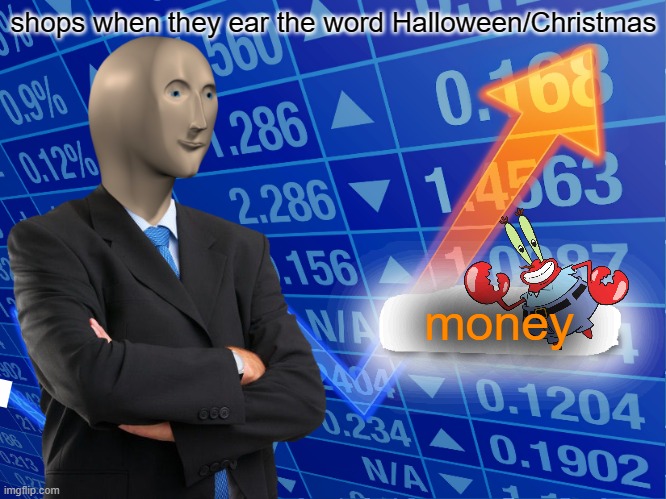 Empty Stonks | shops when they ear the word Halloween/Christmas; money | image tagged in empty stonks | made w/ Imgflip meme maker