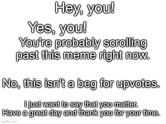 [insert interesting title here] | Hey, you! Yes, you! You're probably scrolling past this meme right now. No, this isn't a beg for upvotes. I just want to say that you matter. Have a great day and thank you for your time. | image tagged in blank white template | made w/ Imgflip meme maker