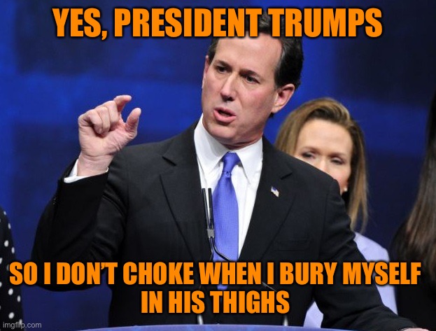 rick santorum fingers close together | YES, PRESIDENT TRUMPS SO I DON’T CHOKE WHEN I BURY MYSELF 
IN HIS THIGHS | image tagged in rick santorum fingers close together | made w/ Imgflip meme maker