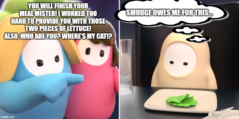 Cat owes me big time! | SMUDGE OWES ME FOR THIS... YOU WILL FINISH YOUR MEAL MISTER! I WORKED TOO HARD TO PROVIDE YOU WITH THOSE TWO PIECES OF LETTUCE! ALSO, WHO ARE YOU? WHERE'S MY CAT!? | image tagged in fall guys meme | made w/ Imgflip meme maker