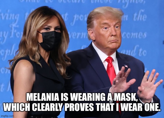 Trump mask | MELANIA IS WEARING A MASK, WHICH CLEARLY PROVES THAT I WEAR ONE. | image tagged in trump mask | made w/ Imgflip meme maker