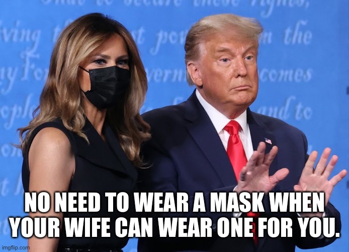 Trump mask | NO NEED TO WEAR A MASK WHEN YOUR WIFE CAN WEAR ONE FOR YOU. | image tagged in trump mask | made w/ Imgflip meme maker