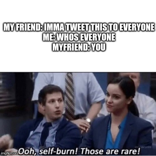 thats rare | MY FRIEND: IMMA TWEET THIS TO EVERYONE
ME: WHOS EVERYONE
MYFRIEND: YOU | image tagged in memes | made w/ Imgflip meme maker