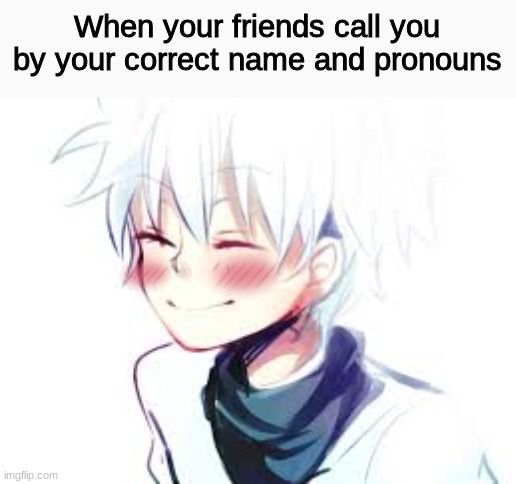 name, pronouns, and friends |  When your friends call you by your correct name and pronouns | image tagged in smiling killua,transgender,non binary,lgbtq,lgbt,anime | made w/ Imgflip meme maker