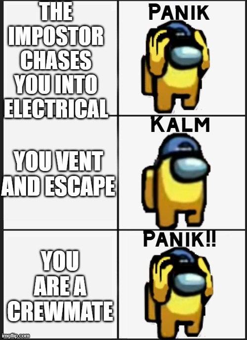 random among us meme | THE IMPOSTOR CHASES YOU INTO ELECTRICAL; YOU VENT AND ESCAPE; YOU ARE A CREWMATE | image tagged in among us panik,among us,electrical | made w/ Imgflip meme maker
