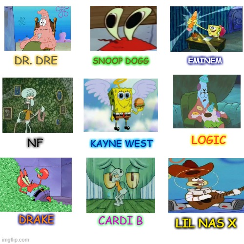 rappers portrayed by spongebob | DR. DRE; SNOOP DOGG; EMINEM; LOGIC; NF; KAYNE WEST; DRAKE; CARDI B; LIL NAS X | image tagged in blank,memes,rappers,spongebob | made w/ Imgflip meme maker