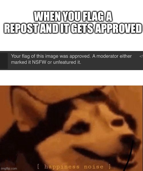 Don’t repost | WHEN YOU FLAG A REPOST AND IT GETS APPROVED | image tagged in happiness noise,no repost | made w/ Imgflip meme maker