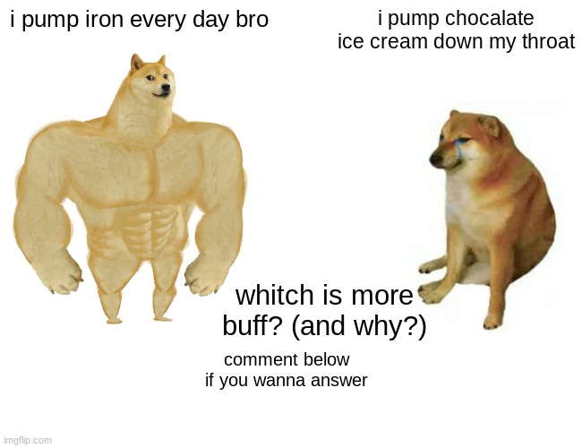Buff Doge vs. Cheems Meme | i pump iron every day bro; i pump chocalate ice cream down my throat; whitch is more buff? (and why?); comment below if you wanna answer | image tagged in memes,buff doge vs cheems | made w/ Imgflip meme maker