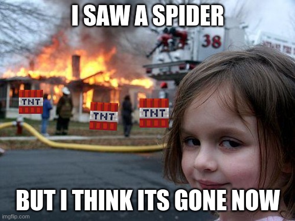 Disaster Girl | I SAW A SPIDER; BUT I THINK ITS GONE NOW | image tagged in memes,disaster girl | made w/ Imgflip meme maker