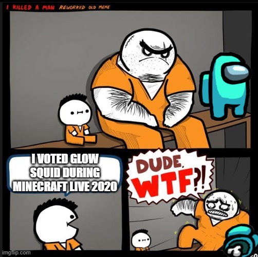 Jailed for Glow Squid | I VOTED GLOW SQUID DURING MINECRAFT LIVE 2020 | image tagged in srgrafo dude wtf | made w/ Imgflip meme maker