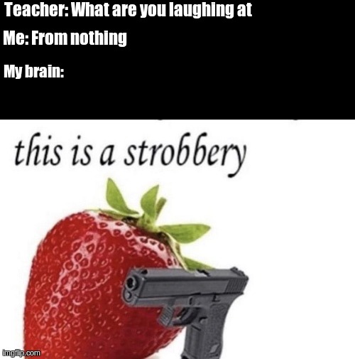 Why you do this to me brain? | Teacher: What are you laughing at; Me: From nothing; My brain: | image tagged in this is a strobbery | made w/ Imgflip meme maker