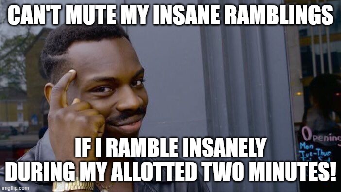 Can't Mute | CAN'T MUTE MY INSANE RAMBLINGS; IF I RAMBLE INSANELY DURING MY ALLOTTED TWO MINUTES! | image tagged in memes,roll safe think about it | made w/ Imgflip meme maker