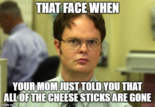 Dwight | THAT FACE WHEN; YOUR MOM JUST TOLD YOU THAT ALL OF THE CHEESE STICKS ARE GONE | image tagged in memes,dwight schrute | made w/ Imgflip meme maker