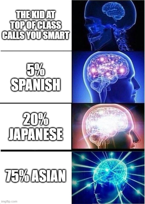 its big brain time | THE KID AT TOP OF CLASS CALLS YOU SMART; 5% SPANISH; 20% JAPANESE; 75% ASIAN | image tagged in memes,expanding brain | made w/ Imgflip meme maker
