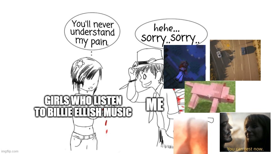 You will never understand my pain | ME; GIRLS WHO LISTEN TO BILLIE ELLISH MUSIC | image tagged in you will never understand my pain | made w/ Imgflip meme maker