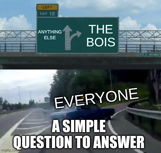 Left Exit 12 Off Ramp Meme | ANYTHING ELSE; THE BOIS; EVERYONE; A SIMPLE QUESTION TO ANSWER | image tagged in memes,left exit 12 off ramp | made w/ Imgflip meme maker