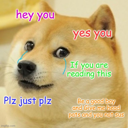 Doge | hey you; yes you; If you are reading this; Plz just plz; Be a good boy and Give me head pats and you not sus | image tagged in memes,doge | made w/ Imgflip meme maker