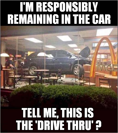 ' Responsible Customer ' ? | I'M RESPONSIBLY REMAINING IN THE CAR; TELL ME, THIS IS; THE 'DRIVE THRU' ? | image tagged in fun,responsibility,drive thru,frontpage | made w/ Imgflip meme maker