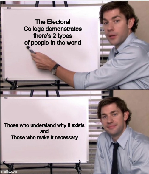 2 types of people | The Electoral College demonstrates there's 2 types of people in the world; Those who understand why it exists
and
Those who make it necessary | image tagged in jim office board,electoral college,election 2020,mob rule,democratic socialism | made w/ Imgflip meme maker