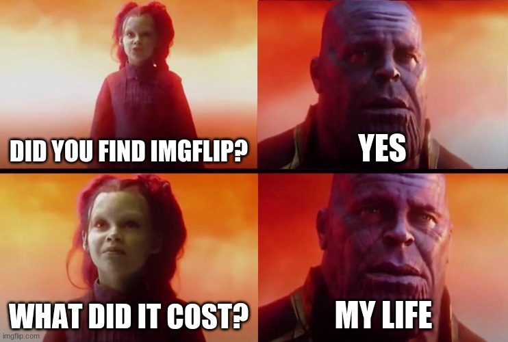 i gave my life for imgflip | DID YOU FIND IMGFLIP? YES; WHAT DID IT COST? MY LIFE | image tagged in thanos what did it cost | made w/ Imgflip meme maker