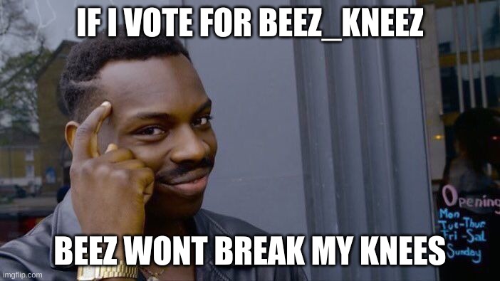 vote for beez | IF I VOTE FOR BEEZ_KNEEZ; BEEZ WONT BREAK MY KNEES | image tagged in memes,roll safe think about it | made w/ Imgflip meme maker