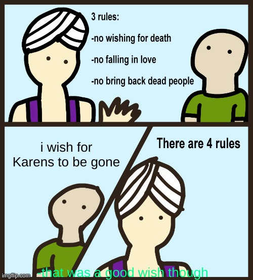 Genie Rules Meme | i wish for Karens to be gone; -that was a good wish though | image tagged in genie rules meme | made w/ Imgflip meme maker