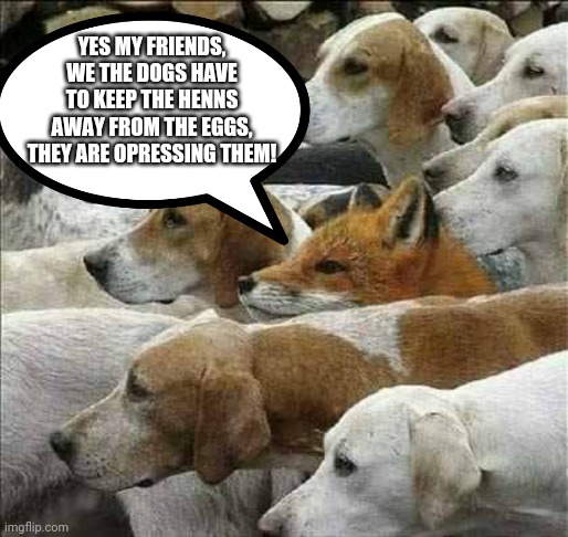 Fox and Foxhounds | YES MY FRIENDS, WE THE DOGS HAVE TO KEEP THE HENNS AWAY FROM THE EGGS, THEY ARE OPRESSING THEM! | image tagged in fox and foxhounds | made w/ Imgflip meme maker