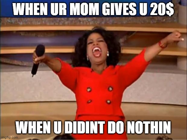 Oprah You Get A | WHEN UR MOM GIVES U 20$; WHEN U DIDINT DO NOTHIN | image tagged in memes,oprah you get a | made w/ Imgflip meme maker