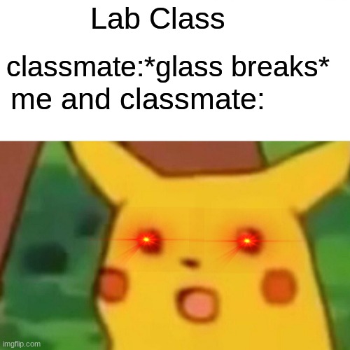 lab class in pokemon be like | Lab Class; classmate:*glass breaks*; me and classmate: | image tagged in memes,surprised pikachu | made w/ Imgflip meme maker