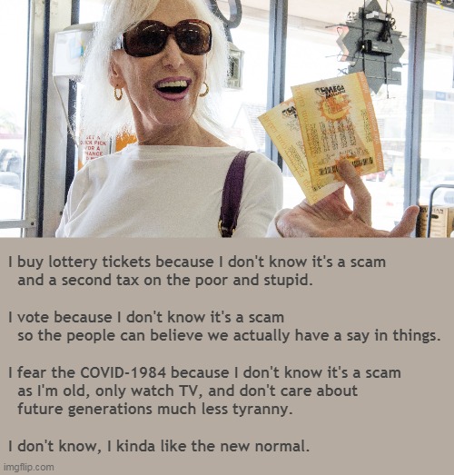 Ok Boomer bliss... | I buy lottery tickets because I don't know it's a scam
   and a second tax on the poor and stupid.
 
 I vote because I don't know it's a scam
   so the people can believe we actually have a say in things.
 
 I fear the COVID-1984 because I don't know it's a scam
   as I'm old, only watch TV, and don't care about
   future generations much less tyranny.
 
 I don't know, I kinda like the new normal. | image tagged in lottery winner,voting is a joke,covid-19,scamdemic,ok boomer,ignorance | made w/ Imgflip meme maker